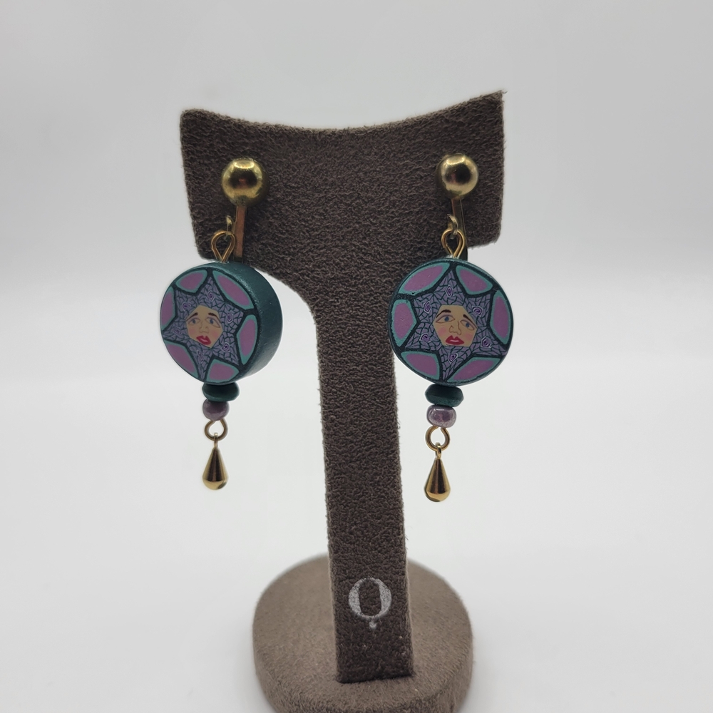 Handmade Funky Unique Portrait Clay Clip On Artistic Drop Earrings